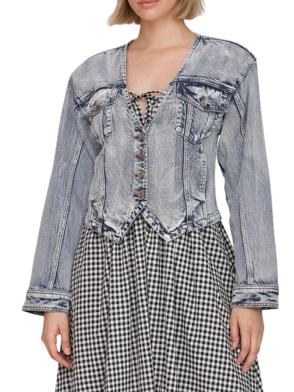 Avec Les Filles Acid-Wash Light Blue Denim Button Jacket